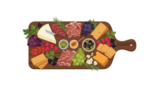 Top view of delicious charcuterie board with assorted meats cheeses fruits and crackers.