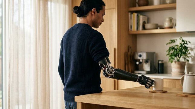 Person with a prosthetic arm reaching for a coffee cup on a kitchen counter, natural morning light, fine mechanical joint detail visible at the elbow - prosthetic arm daily life, bionic arm kitchen