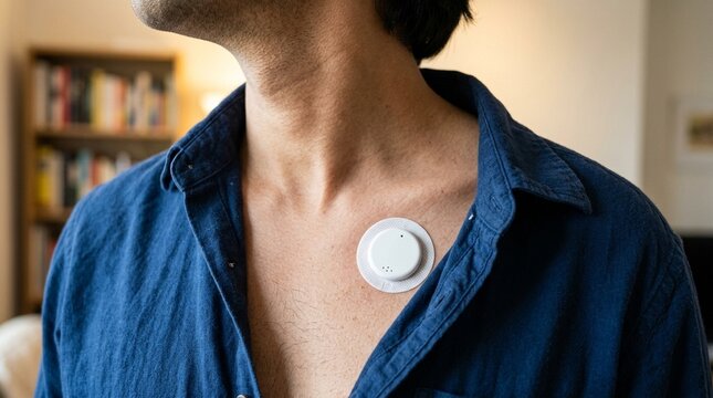 Temperature-sensing patch on a person's chest, small circular device visible beneath a partially open shirt collar, soft daylight - temperature sensing patch chest, wearable body temperature monitor