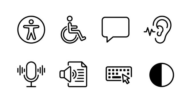 Accessibility line icon set wheelchair captions hearing contrast