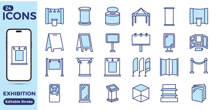 Exhibition line icon set. Display stand, banner, billboard, trade show booth, tent canopy, signage, rollup, totem, brochure, mirror, podium, Simple flat outline signs for business solid blue color eps