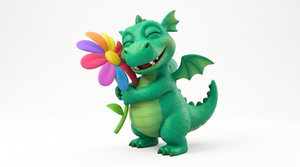 Fototapeta premium Cute Dragon Holding Colorful Flower 3d Illustration