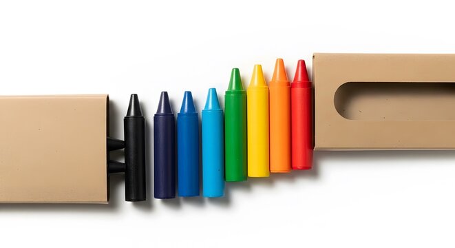 Colorful crayons emerging from cardboard box art supplies on white background