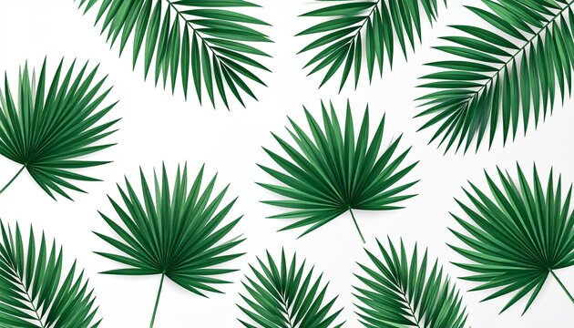Close-up of a vibrant green palm leaf cluster against white background.