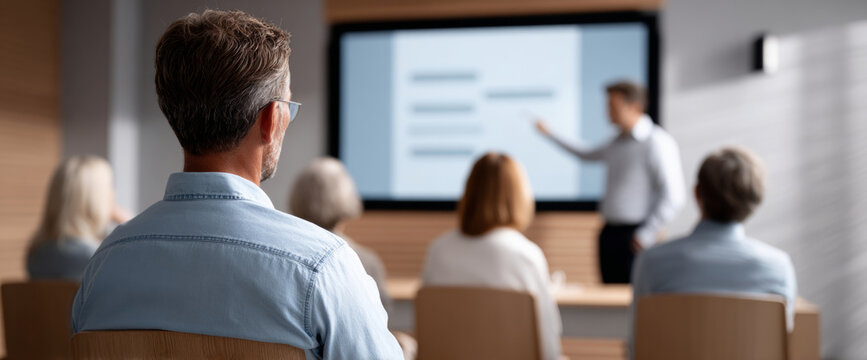 Group of adults attending a business presentation in a modern conference room with a presenter explaining information on a large screen