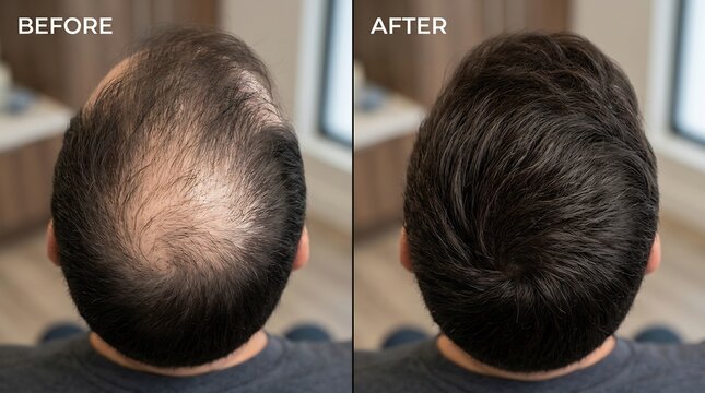 Patient shows the remarkable progress of his hair restoration therapy by contrasting the density of his hair before the intervention with the full coverage observed following the completed treatment.