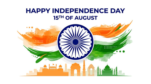 India Independence Day 15th August Celebration Banner with Ashoka Chakra & Silhouette