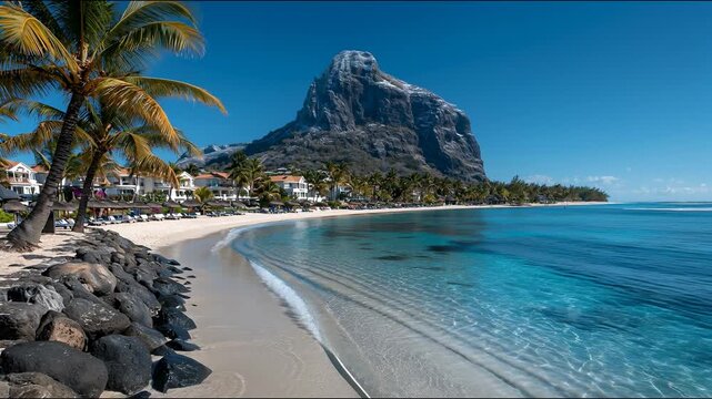 A picture-perfect beach  set against a backdrop of mountains and palm trees  provides an idyllic setting for adverts promoting travel and summer holidays by the sea.