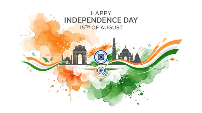 India Independence Day Celebration Abstract Watercolor with Iconic Landmarks