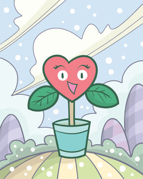 Cute heart plant character in a pot with nature background