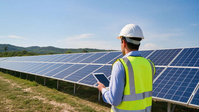 Technicians monitoring solar farm operation, Workers maintaining renewable energy installation, Sustainable power generation inspection, Engineers in hard hats looking at solar panels