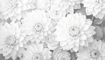 Fototapeta premium White monochrome dahlia and rose flowers line art pattern background