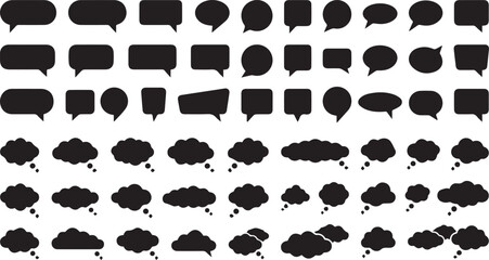 Fototapeta premium Comprehensive collection of various speech and thought bubbles in black silhouette vector style isolated on white background for creative graphic design projects