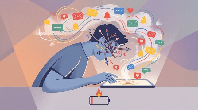 Overwhelmed woman competing for attention on laptop with numerous notifications