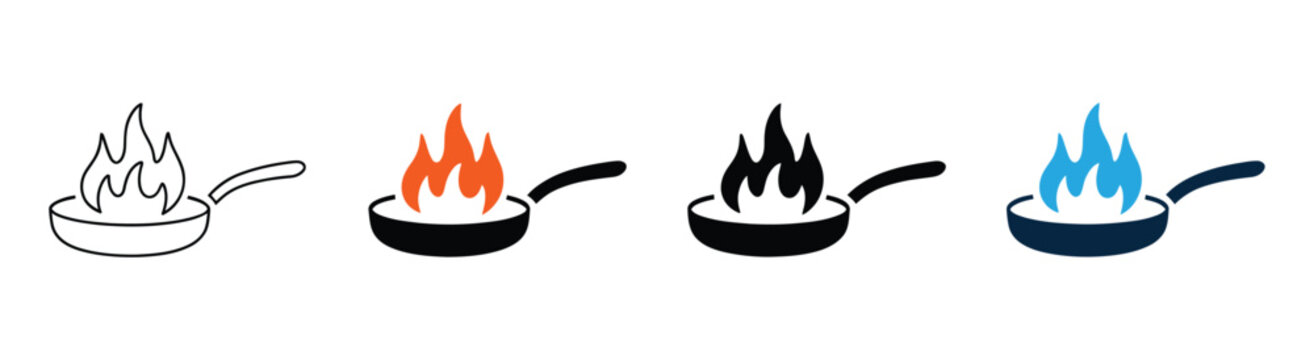 Cooking pan icon set, fire flames, linear and solid styles, culinary design restaurant website interface, vector illustration