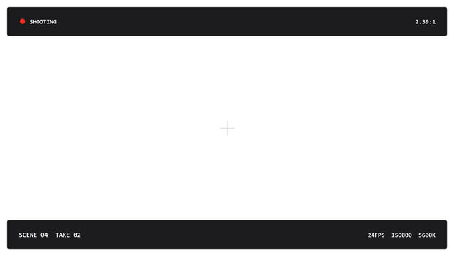 Film director viewfinder overlay with cinemascope letterbox bars, scene and take slate readouts, transparent 4K cinema interface