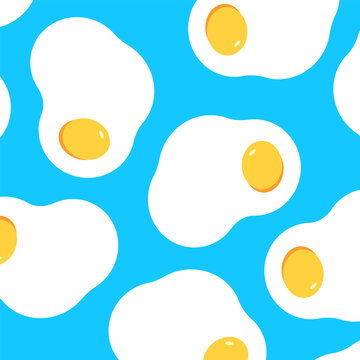 Bright seamless pattern featuring fried eggs on a blue background for wrapping paper or fabric. Vector background illustration in Adobe Illustrator EPS 10.