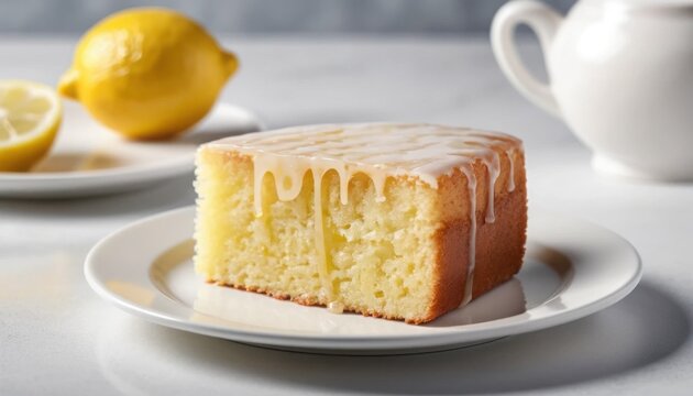 Lemon pound cake slice with icing on white plate