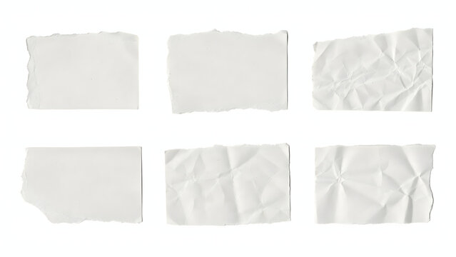 Collection of blank white torn paper scraps with rough edges and crumpled textures isolated on a plain white background, surface area