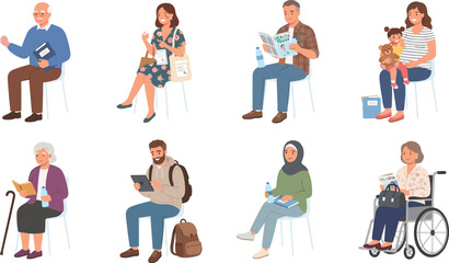 Fototapeta premium Diverse People Sitting on Chairs with Books Devices and Daily Activities Vector Collection