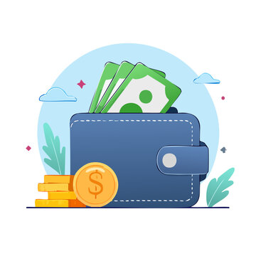 Flat vector illustration of wallet with money and coins