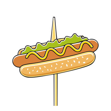 Hot dog on a stick with mustard and relish vector illustration