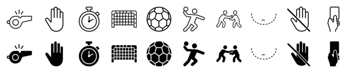 Obraz premium Handball sport icon set in line and glyph styles showing a player throwing a ball, goal, whistle, stopwatch, and referee penalty card signals for a game
