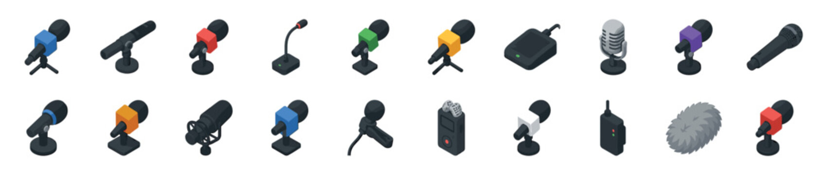Large collection of various microphones and audio equipment for journalism, podcasting, and broadcasting, shown in a detailed isometric vector illustration with different models