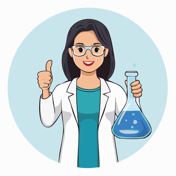 Scientist woman with flask and thumbs up