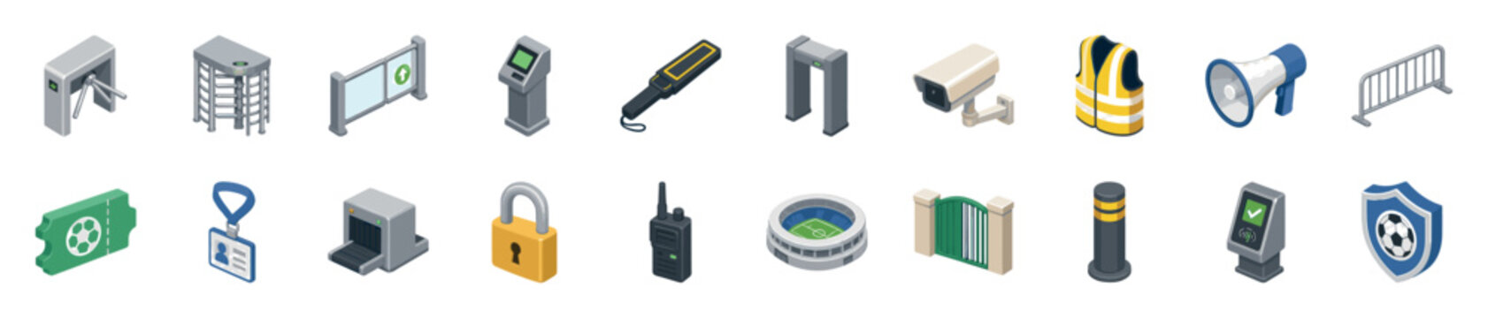 Set of isometric icons representing stadium security and event access control equipment like a turnstile, metal detector, CCTV camera, ticket, and safety vest