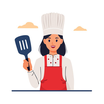 Smiling female chef holding spatula, flat vector illustration