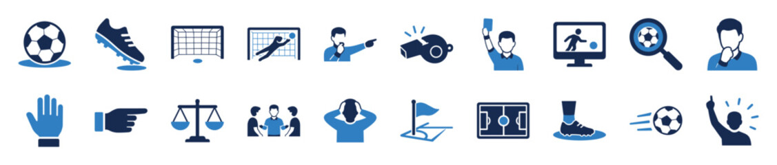Fototapeta premium Comprehensive set of blue soccer football sport icons representing game play, rules, refereeing, equipment, and player actions in a clean, flat vector style