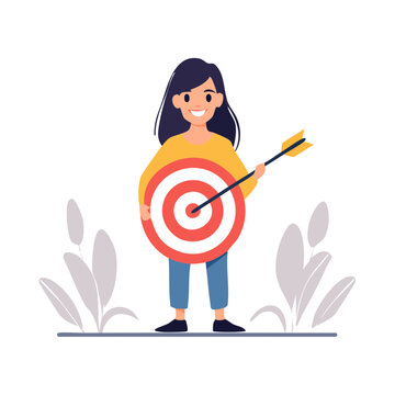 Successful woman holding a target with arrow in the bullseye