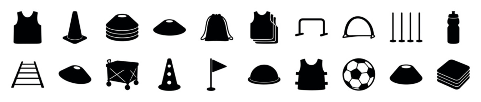 Sports training equipment black silhouette icon set with a soccer ball, agility ladder, training cones, bibs, hurdles, and other gear for athletic practice drills