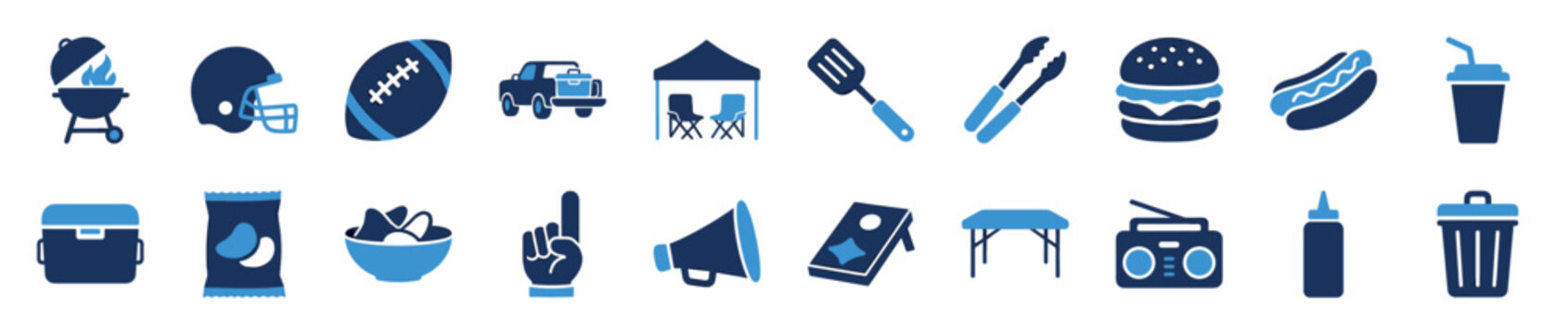 Collection of blue tailgate party icons including a football, grill, food, and fan gear for a pre-game celebration, presented as a flat graphic illustration set