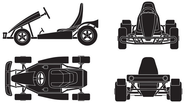 Go-Kart Silhouette Blueprint Set Showing Side Front Top And Rear Views Of Racing Kart Designs