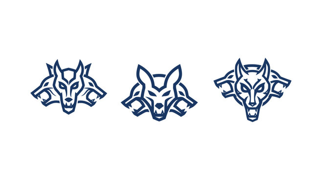 Three stylized wolf head logos in blue outline design.