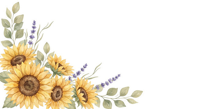 Watercolor sunflower and lavender corner border transparent PNG isolated floral clipart for invitations
