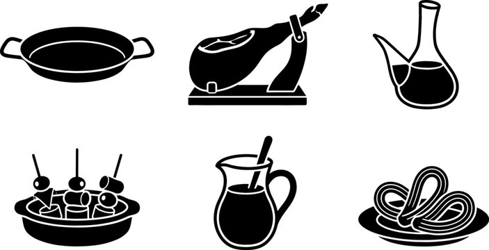 Traditional Spanish Food Silhouette Icon Set Featuring Jamon Serrano, Paella Pan, Olive Oil, Tapas, Sangria Pitcher, and Churros Symbols for Culinary Designs