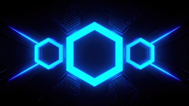 Blue neon hexagons on dark background