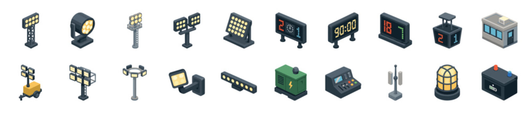 Large collection of isometric stadium equipment icons showing various floodlights, digital scoreboards, a power generator, control panel, and other event essentials