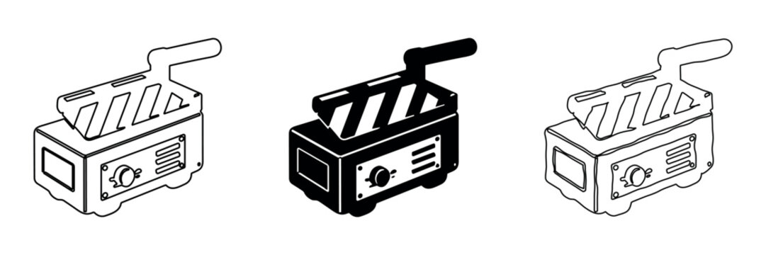 Set of three stylized icons representing a proton pack in outline, solid, and hand-drawn styles