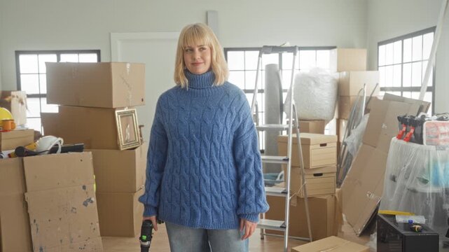 Woman holding a cordless drill among packed moving boxes in a building set for renovation; new beginning confidence.