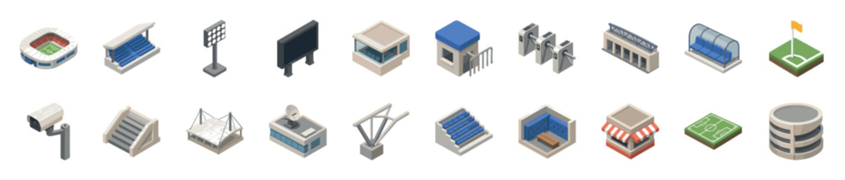 Large collection of isometric stadium icons showing various sports arena elements like a field, grandstand, scoreboard, turnstile, and locker room for game or infographic design
