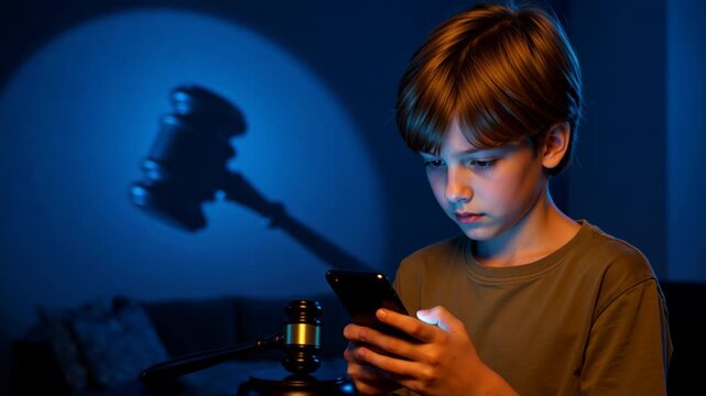Boy uses smartphone with gavel shadow in background during evening indoors