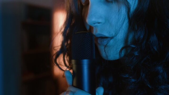 Close-up of young man singing into professional condenser microphone in home studio. Footage for music production, podcasting, and audio recording advertisements