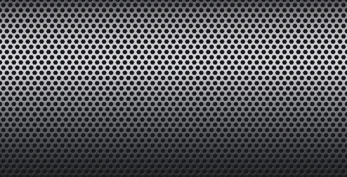 Metal pattern perforated texture with black and white hex pattern background. Wall hole frame with mesh dot board and grey pegboard grate. Comb sheet metal with peg iron perforated and honey net black