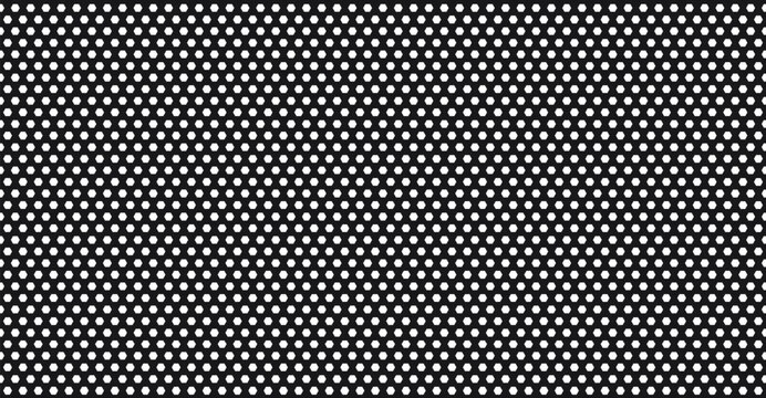 Metal pattern perforated texture with black and white hex grid background. Wall hole frame with mesh dot board and grey pegboard speaker grate. Vector illustration.