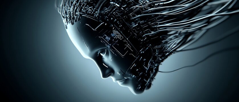 Cybernetic head, profile view, complex design.  Intricate wires, metallic components, and a human-like face suggest advanced technology