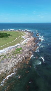 Vertical Aerial 4K Drone Footage Isla Gorriti Punta del Este Uruguay Beach